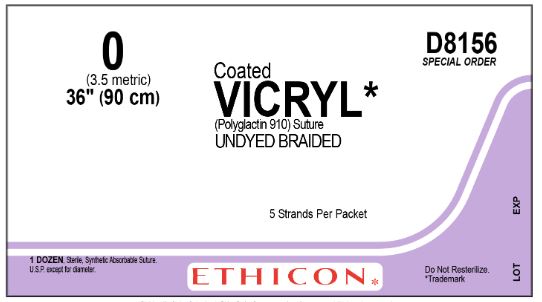 Ethicon VICRYL Sutures - VICRYL Coated Undyed Braided Suture, 36" L, Size 0 - D8156