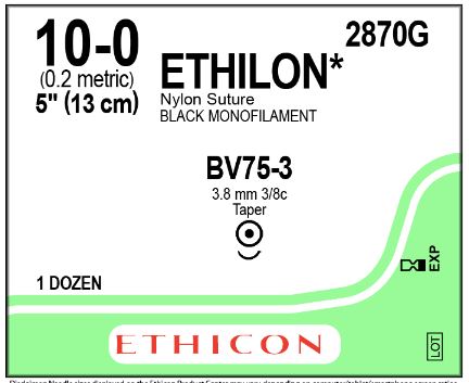 Ethicon Ethilon Taper Point Sutures - Ethilon Monofilament Suture, Black, 5", Size 10/0, BV75-3 Needle - 2870G