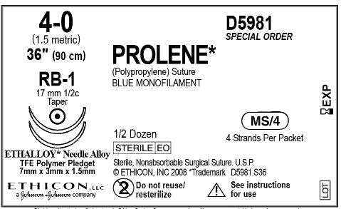 Ethicon D-Special Sutures - D-Special Prolene Suture, Blue Monofilament, Size 4-0, 36", Double Armed Firm Pledget, with RB-1 Needle - D5981