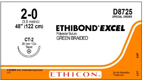 Ethicon Ethibond Excel Polyester Sutures - Ethibond Excel Polyester Suture, Green Braided, Size 2-0, 48", CT-2 Needle - D8725