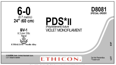 Ethicon D-Special Sutures - D-Special PDS II Suture, Violet Monofilament, Size 6-0, 24", with BV-1 Needle - D8081