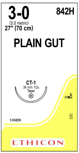 Ethicon Taper Point Plain Gut Absorbable Sutures - Taper Point Plain Gut Absorbable Suture, Size 3-0, 27", CT-1 Needle - 842H