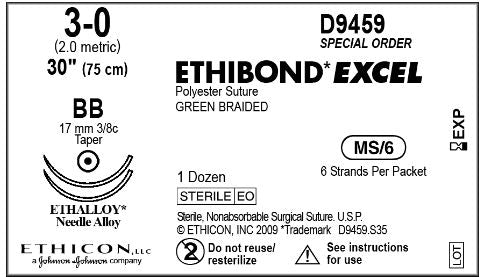 Ethicon D-Special Sutures - D-Special Ethibond Suture, Size 3-0, 30", Double Armed Needle - D9459