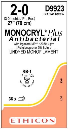 Ethicon Taper Point Monocryl Plus Undyed Suture - MONOCRYL Plus Poliglecaprone 25 Suture, Undyed Monofilament, Size 2-0, 27" (70 cm) L, Taper Point Needle RB-1, Special Order - D9923