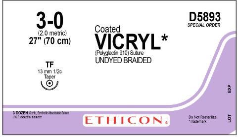 Ethicon Coated Vicryl Sutures - Coated VICRYL Absorbable Suture, Undyed Braided, TF Needle, Size 3/0, 27" - D5893