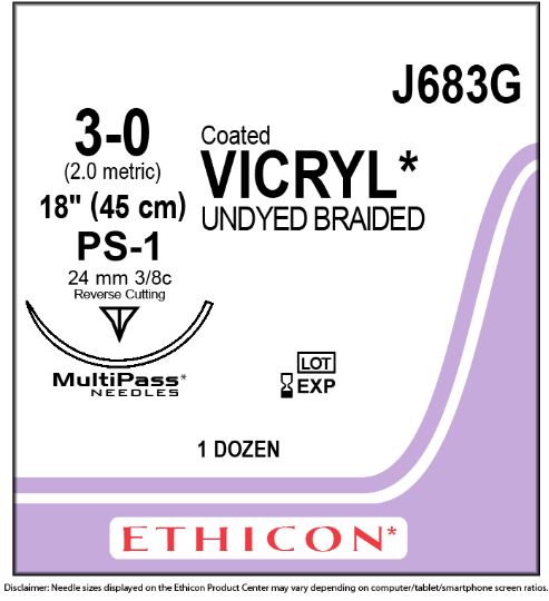 Ethicon Coated Vicryl (polyglactin 910) Suture b - SUTURE, 3/0 18 CTD VIC UND BR PS-, VA - J683G