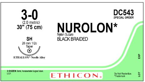 Ethicon D-Special Sutures - D-Special Nurolon Suture, Black Braided, Size 3-0, 30", with SH Needle - DC543