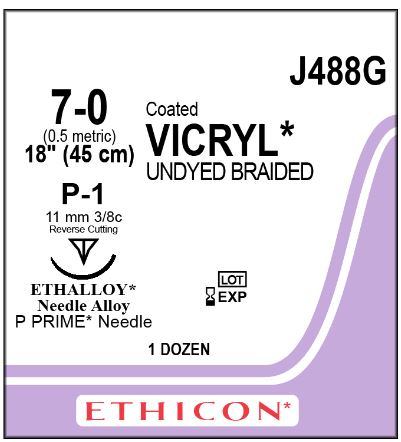 Ethicon Coated Vicryl (polyglactin 910) Suture b - SUTURE, 7/0 18 CTD VIC UND BR P-1, VA - J488G