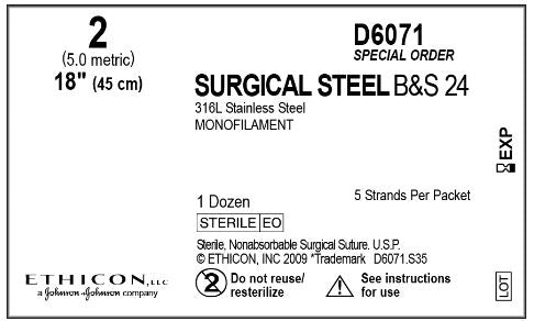 Ethicon D-Special Sutures - D-Special Steel Suture, Monofilament, Size 2, 18", No Needle - D6071