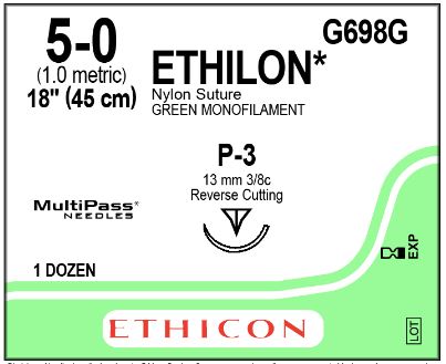 Ethicon Precision Point Nonabsorbable Nylon Surgical Monofilament Suture - Precision Point Nonabsorbable Nylon Surgical Monofilament Suture, Green, 5/0, 18", P-3 Needle - G698G