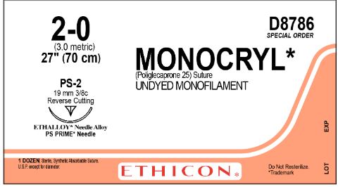 Ethicon Monocryl Suture - Monocryl Suture, Undyed Monofilament, Size 2-0, 27", Single Arm, PS-2 Needle - D8786