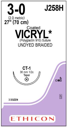 Ethicon Coated Vicryl Undyed Sutures - SUTURE, 3/0 27 CTD VIC UND BR CT-, VA - J258H