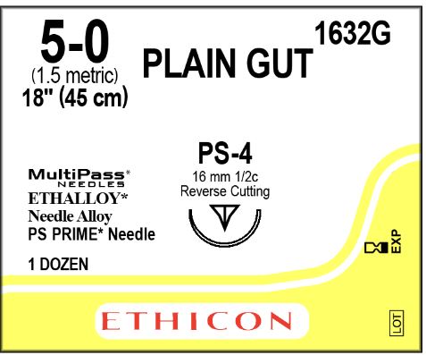 Ethicon Plain Gut Absorbable Sutures - Precision Point Plain Gut Suture, Size 5/0, 18", PS-4 Needle - 1632G