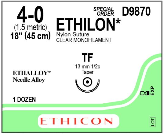 Ethicon Ethilon Sutures - Ethilon Suture, Black Monofilament, Size 4-0, 18", Clear - D9870