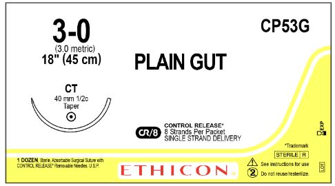 Ethicon Taper Point Plain Gut Absorbable Sutures - Taper Point Plain Gut Absorbable Suture, Size 3-0, 8-18", CT Needle - CP53G