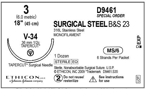 Ethicon D-Special Sutures - D-Special Stainless Steel Suture, Monofilament, Size 3, 18", with V-34 Needle - D9461