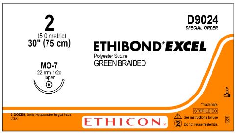 Ethicon Ethibond Green Braided Needled Sutures - Ethibond Excel Polyester Suture, Size 2, 30" L, Green, Braided, Taper Point Needle MO-7, Special Order - D9024