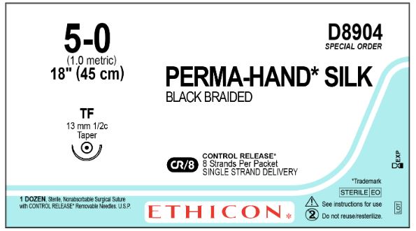 Ethicon Silk Sutures - Perma-Hand Black Braided Silk Suture with 13 mm 1/2 Circle TF Taperpoint Needle, Control Release 8 x 18" Long, Size 5-0 - D8904