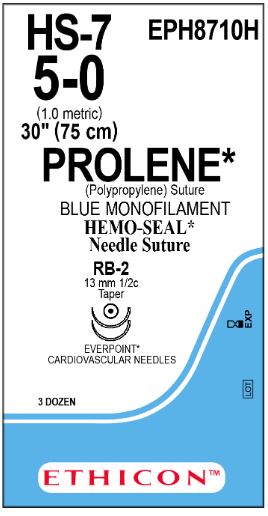 Ethicon Prolene Hemo-Seal Sutures - Prolene Suture, Blue, Size 5-0, 1" x 30", RB-2 - EPH8710H