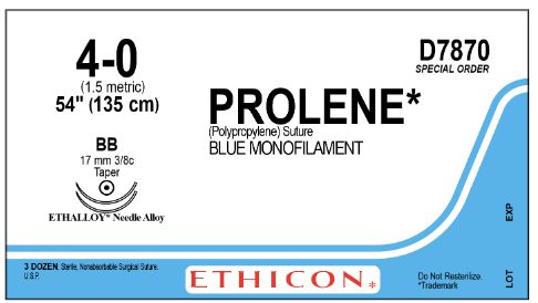 Ethicon D-Special Sutures - D-Special Prolene Suture, Blue Monofilament, Size 4-0, 54", with BB Needle - D7870