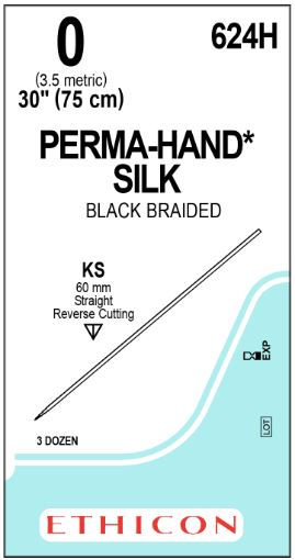 Ethicon Straight Cutting Perma-Hand Nonabsorbable Sutures - Perma-Hand Suture, Black, Size 0, 30", KS Needle - 624H