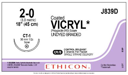 Ethicon Coated Vicryl (polyglactin 910) Suture b - SUTURE, 2/0 8-18 CTD VIC UND BR C, VA - J839D