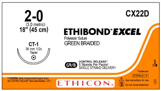 Ethicon Taper Point Ethibond Excel Suture - SUTURE, ETHBND-EXCEL, GRN, 2/0, 8-18, CT-1, VA - CX22D