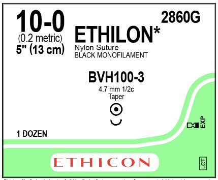 Ethicon Ethilon Taper Point Sutures - Ethilon Monofilament Suture, Black, 5", Size 10/0, BVH100-3 Needle - 2860G