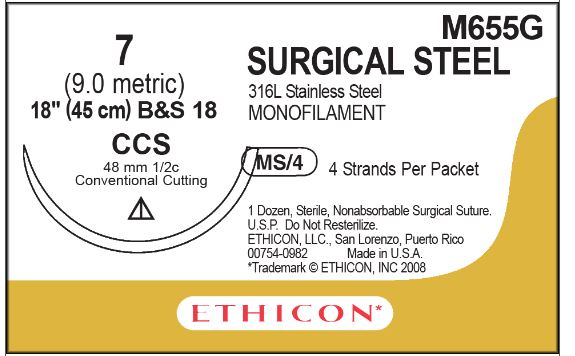 Ethicon Surgical Stainless Steel Sutures - SUTURE, SURGICAL, MONO, B&S, 7, 4-18, CCS, VA - M655G