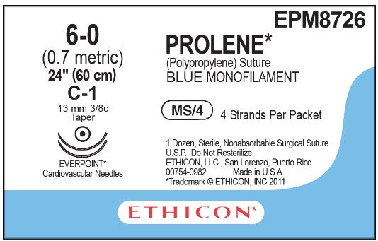 Ethicon Prolene Sutures - Prolene Monofilament Suture, Blue, Size 6-0, 4" x 24", Double Arm, C-1 Needle - EPM8726