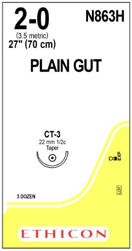 Ethicon Taper Point Plain Gut Absorbable Sutures - Taper Point Plain Gut Absorbable Suture, Size 2-0, 27", CT3/FN2 Needle - N863H