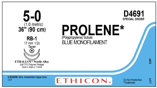 Ethicon Prolene Sutures - Prolene Monofilament Suture, Blue, Size 5-0, 36", Single Arm, OS-8 Needle - D4691