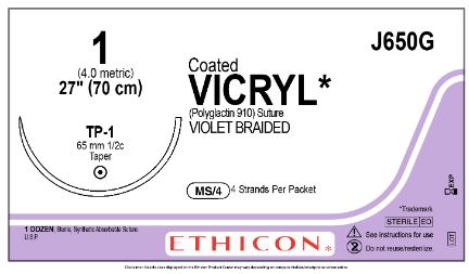 Ethicon Coated Vicryl (polyglactin 910) Suture b - SUTURE, 1 4-27 CTD VIC VIO BR TP-, VA - J650G