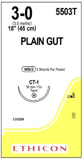 Ethicon Taper Point Plain Gut Absorbable Sutures - Taper Point Plain Gut Absorbable Suture, Size 3-0, 3-18", CT-1 Needle - 5503T