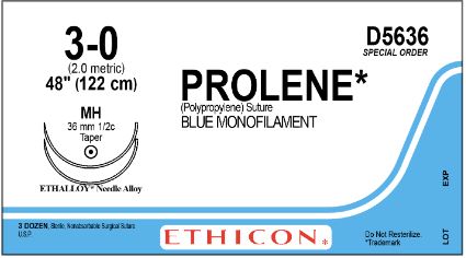 Ethicon Ethilon Taper Point Sutures - Prolene Monofilament Suture, Blue, 48", Size 3-0 - D5636