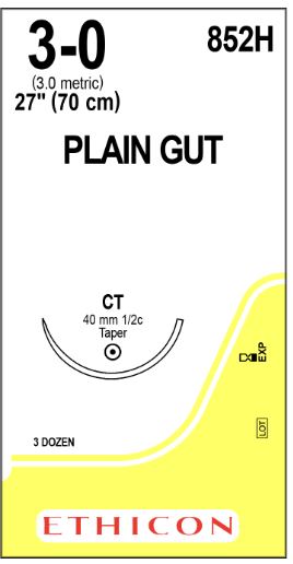 Ethicon Taper Point Plain Gut Absorbable Sutures - Taper Point Plain Gut Absorbable Suture, Size 3-0, 27", CT Needle - 852H