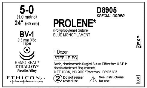 Ethicon D-Special Prolene Sutures - D-Special Prolene Suture, Size 5-0, 24", Double Arm, BV-1 Needle - D8905