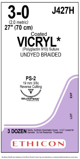 Ethicon Coated Vicryl (polyglactin 910) Suture b - SUTURE, 3/0 27 CTD VIC UND BR PS-, VA - J427H