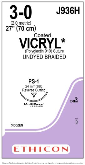 Ethicon Coated Vicryl (polyglactin 910) Suture b - SUTURE, 3/0 27 CTD VIC UND BR PS-, VA - J936H