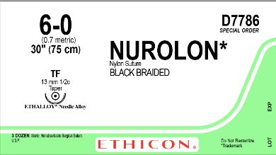 Johnson & Johnson NUROLON Nylon Suture - D-Special Nurolon Nylon Suture, Black Braided, Size 6-0, 30", TF Needle - D7786