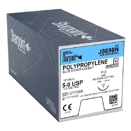 Surgical Specialties Blue Ploypropylene Suture - Polypropylene Suture, Black, 13 mm Needle, Size 5-0, 45 cm - J8698N