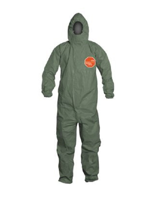 DuPont Tychem 2000 Coveralls - Tychem 2000 SFR Zipper Front Coverall with Hood, Elastic Wrist and Ankle, Storm Flap, Green, Size XL, Bulk Packed - QS127TGRXL000400