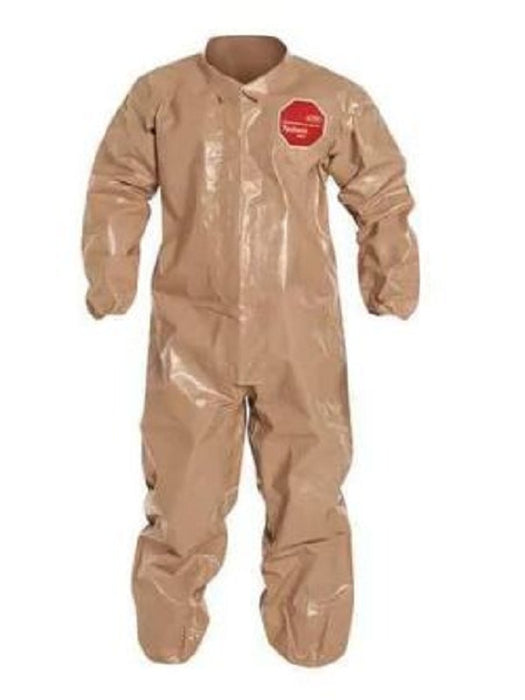 DuPont Tychem 5000 Coveralls with Attached Gloves - Tychem 5000 Zipper Front Coverall with Elastic Wrist and Ankle, Storm Flap, Tan, Size 5XL, Bulk Packed - C3125TTN5X000600