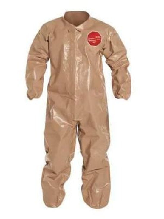 DuPont Tychem 5000 Coveralls with Attached Gloves - Tychem 5000 Zipper Front Coverall with Elastic Wrist and Ankle, Storm Flap, Tan, Size L, Bulk Packed - C3125TTNLG000600