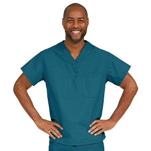 Medline ComfortEase Unisex V-Neck Scrub Top with 1 Pocket - ComfortEase Unisex V-Neck 1-Pocket Scrub Top, Size XS, Caribbean Blue - 410JCBXS