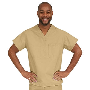 Medline ComfortEase Unisex V-Neck Scrub Top with 1 Pocket - ComfortEase Unisex V-Neck 1-Pocket Scrub Top, Size XS, Khaki - 410JKKXS