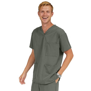 Medline Madison ave Unisex Stretch Fabric Scrub Top with 3 Pockets - Madison ave Unisex Scrub Top with 3 Pockets, Size XS, Olive - 5515OLVXS