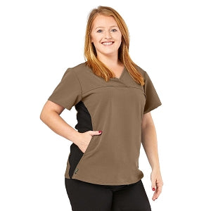 Medline California ave Women's Yoga-Style Stretch Scrub Top with Pockets - California Ave Scrub Top, Yoga with Pockets, Khaki, Size 2XS - 5565KHKXXS