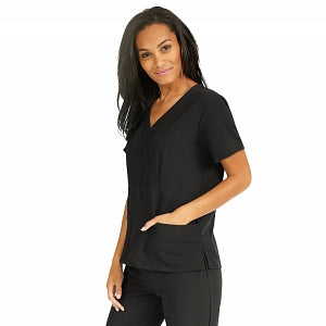 Medline Park Ave Women's Stretch Fabric Mock Wrap Scrub Top with Pockets - Park ave Women's Mock Wrap Scrub Top with 2 Pockets, Size M, Black - 5587BLKM