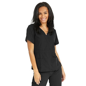 Medline Park Ave Women's Stretch Fabric Mock Wrap Scrub Top with Pockets - Park ave Women's Mock Wrap Scrub Top with 2 Pockets, Size M, Black - 5587BLKM